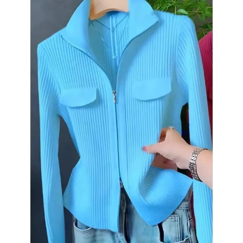 Women Knitted Sweater Cardigan Short Jacket Turn-Down Collar Knit Top