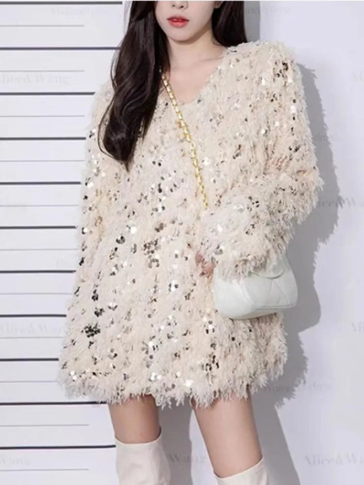 Heavy Sequined Pullover for Women Thick Warm Sweater