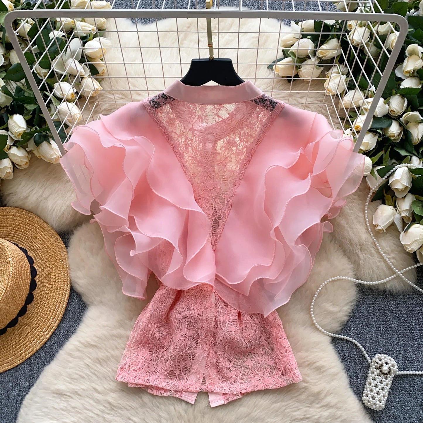 Ruffle Blouses Women French Style Single Breasted Lace Patchwork Shirt Summer Top