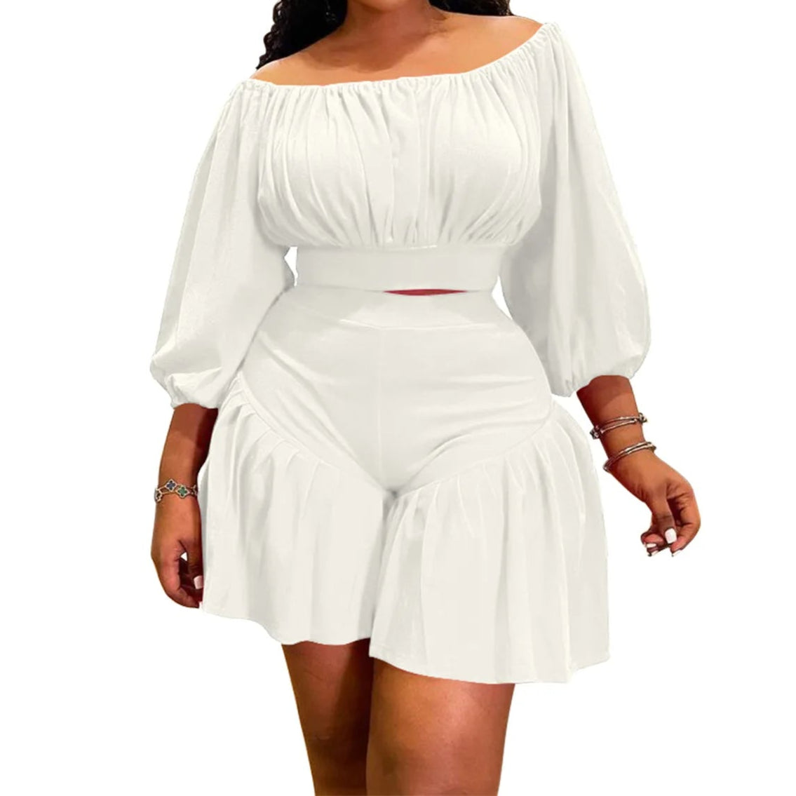 Plus Size Women's Set Long Sleeve Slash Neck T-Shirt and Shorts Summer Two 2 Piece Set
