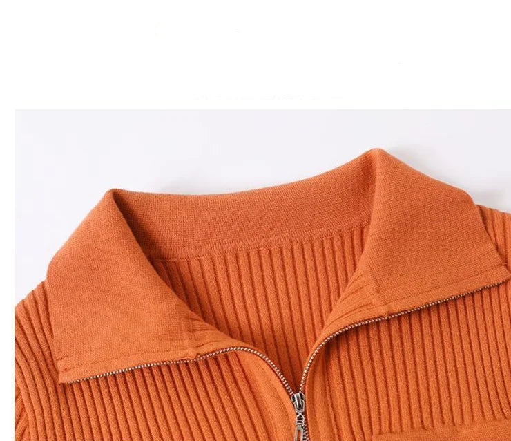 Women Knitted Sweater Cardigan Short Jacket Turn-Down Collar Knit Top