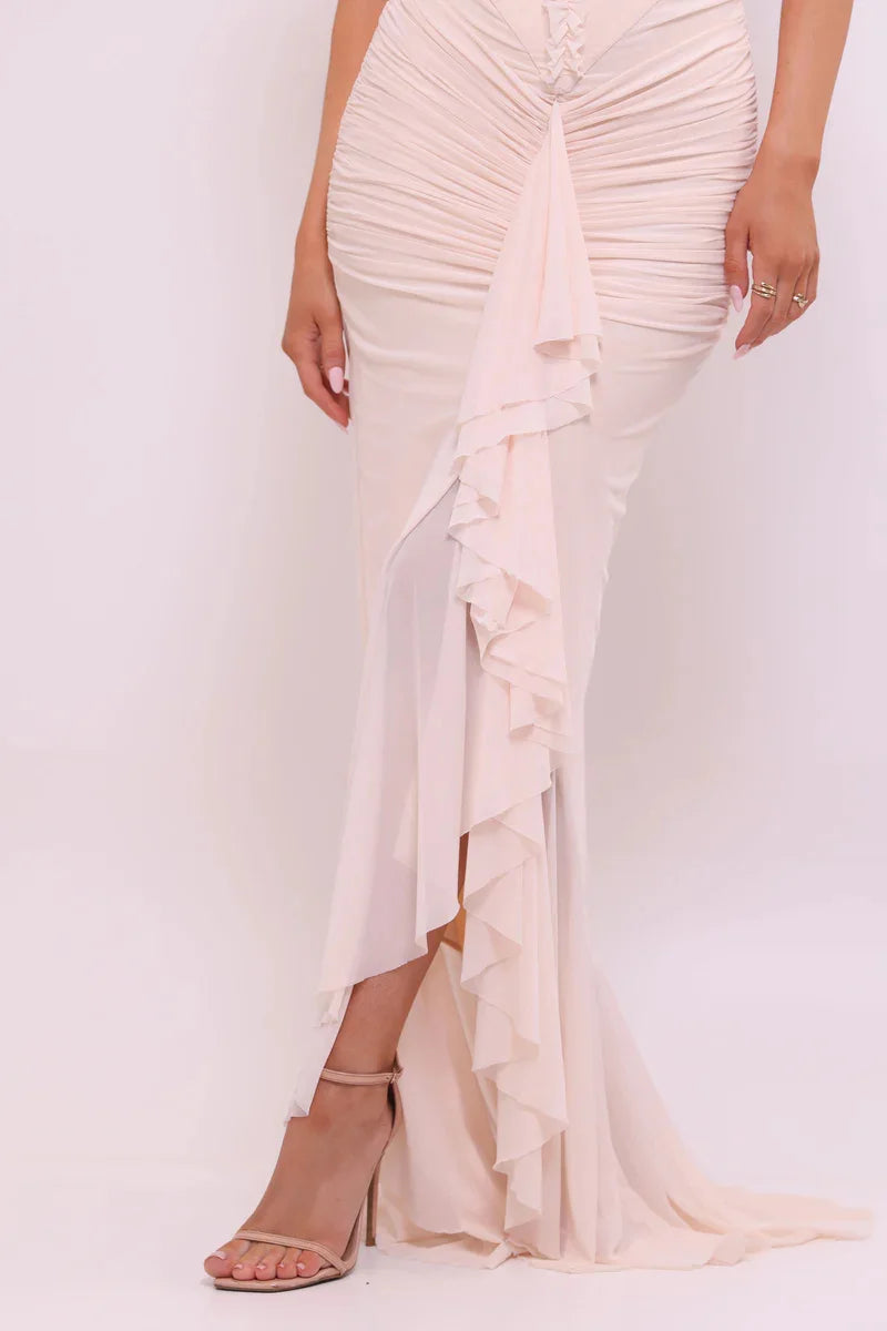 Halter V Neck Backless Sexy Maxi Dress Women Evening Gown Ruffle Dress