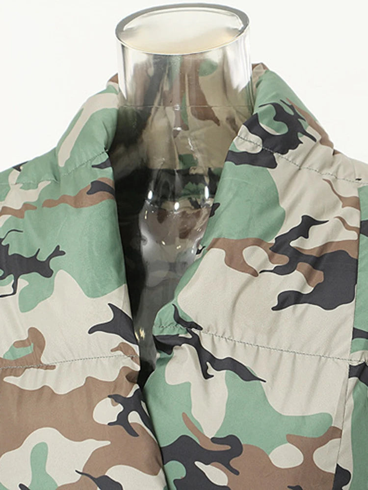 Women's Cotton-padded Coat Belt Irregular Waist Camouflage Knitted Sleeve Parkas Jackets Winter Jackets