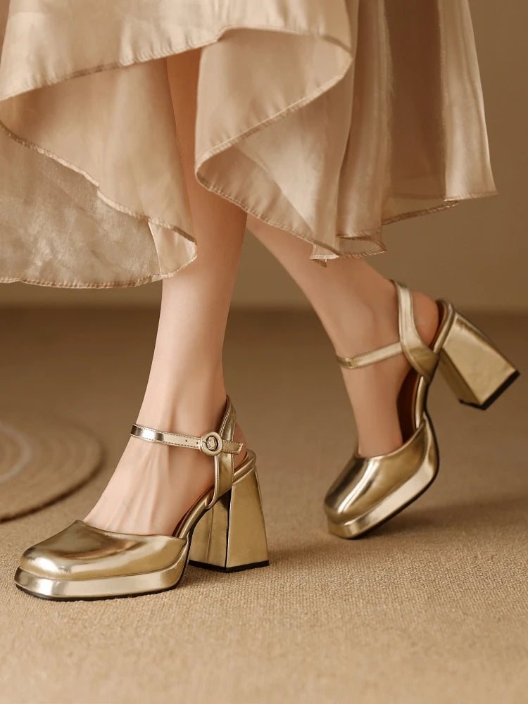 Luxury Women's Sandals Summer Shoes Ankle Strap Gold Silver High Heels Close Toe Party Shoes