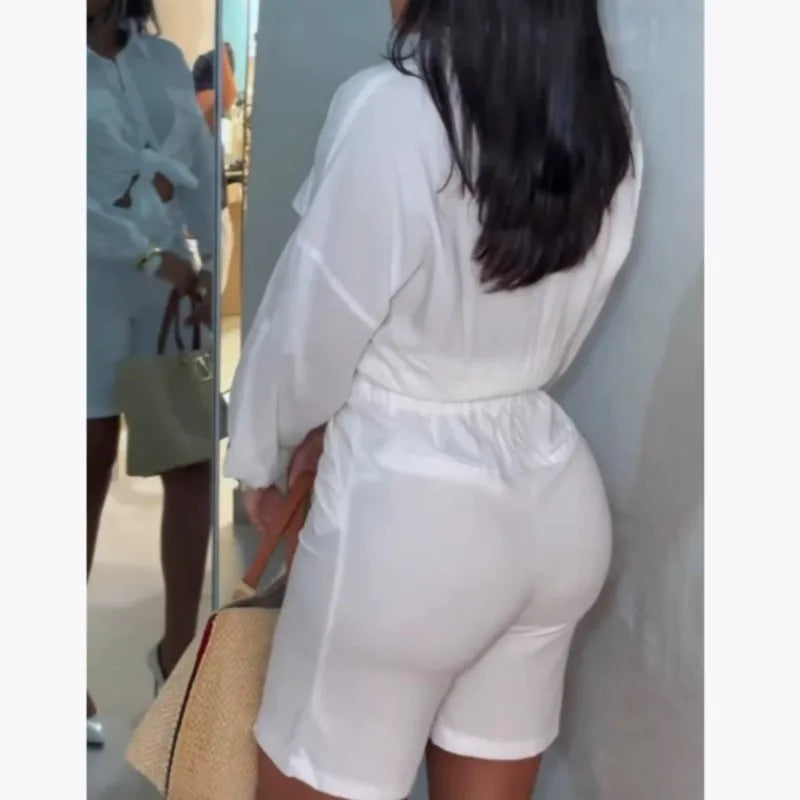 Women Temperament Elegant Shirt 2-piece Shorts Set White Long Sleeve midriff-baring Blouse High Waist Shorts Sets