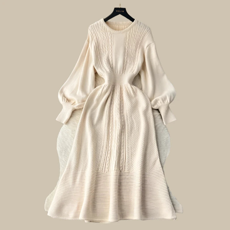 Lazy Style Round Neck Waist Wrapped Slim Mid Length Bubble Sleeve Knitted Dress