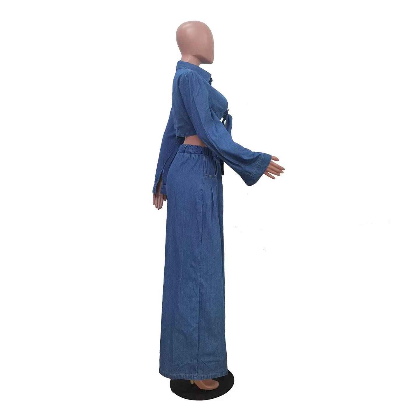 Denim Crop Top Tie Knot Shirt Cardigan + Wide Leg Loose Outfit Pants