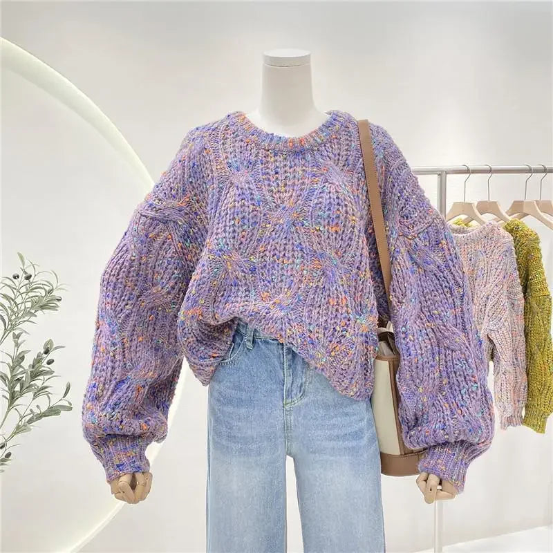 Knit Colorful Loose Fit Lantern Sleeve Cropped Sweater For Women