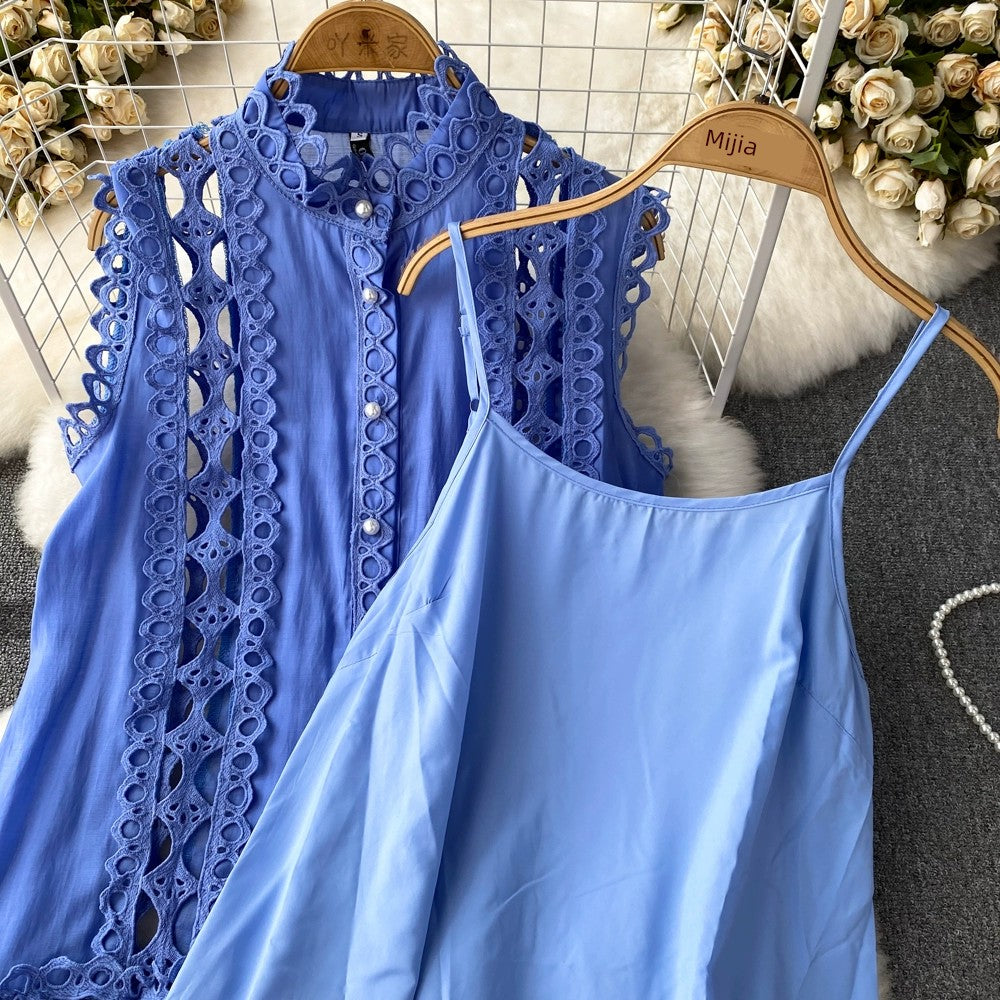 Summer 2024 French Style Vintage Court Style Elegant Stand-up Collar Cinched Slim Looking Sleeveless A- line Cut Out Embroider Dress
