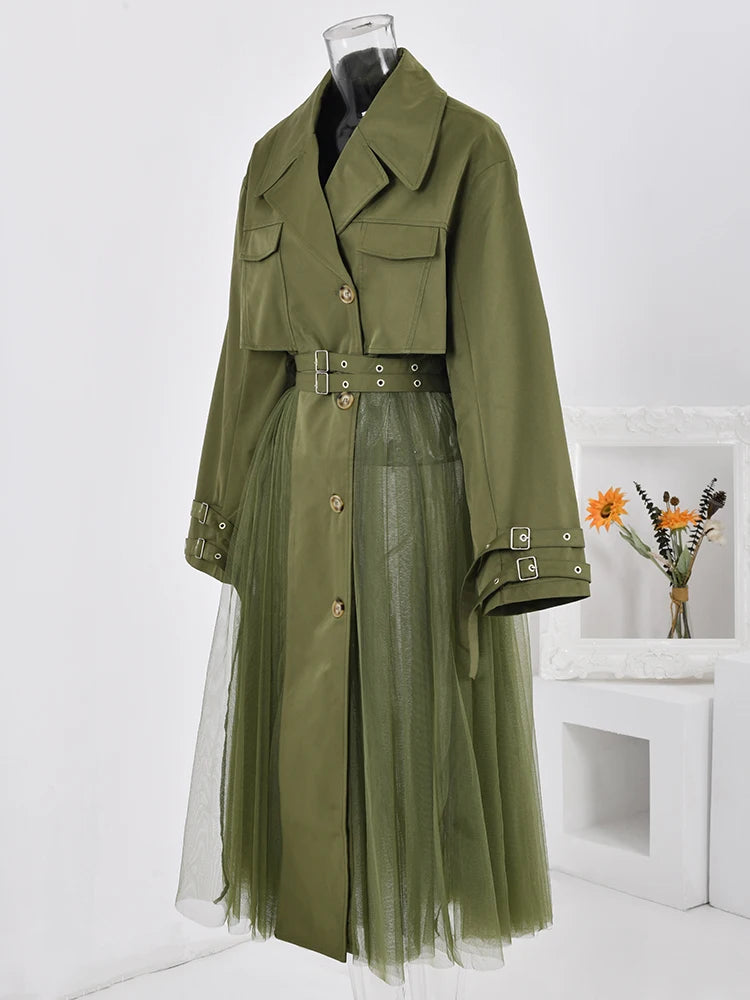 Vintage Gauze Patchwork Windbreaker Women Lapel Double Belt Gathered Trench Coat