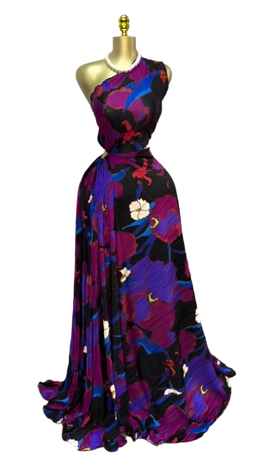 Women Floral Printed One Shoulder Skew Neck Cutout Waist Pleated Maxi Long Dress Birthday Outfit