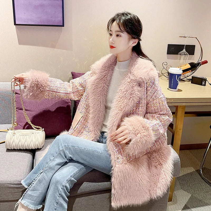 Glitter Coarse Wool Blended Fur Coat Long Sleeve Loose Coat