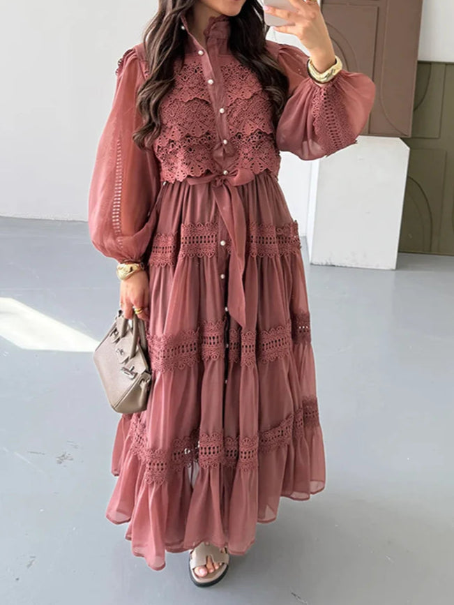 Long Sleeve Hollow Out Floral Dress Women Elegant Lapel Lantern Sleeves Maxi Dresses