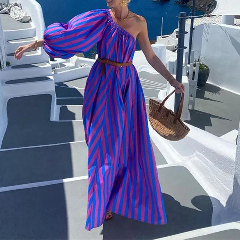 Striped Maxi Dress Women Off Shoulder One Sleeve Skew Neck Party Club High Waist with Sashes A-line Maxi Dress