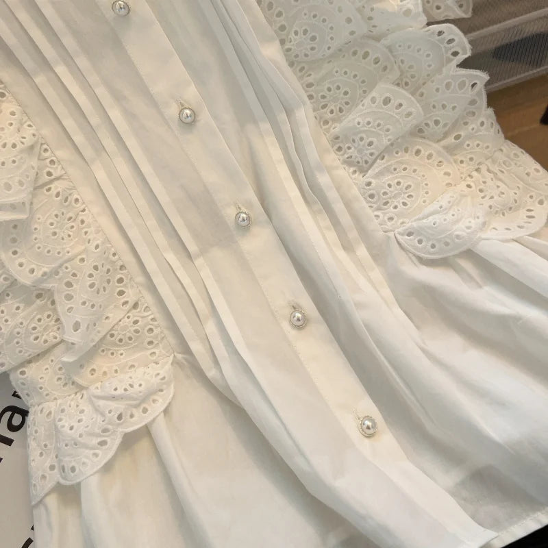 Flying Sleeve White Shirts Vintage Sleeveless Ruffled Lace Blouse for Woman