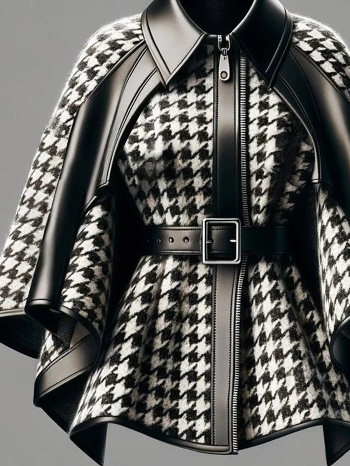 Houndstooth Pattern Women's Jacket Asymmetrical Cape Sleeves Jacket