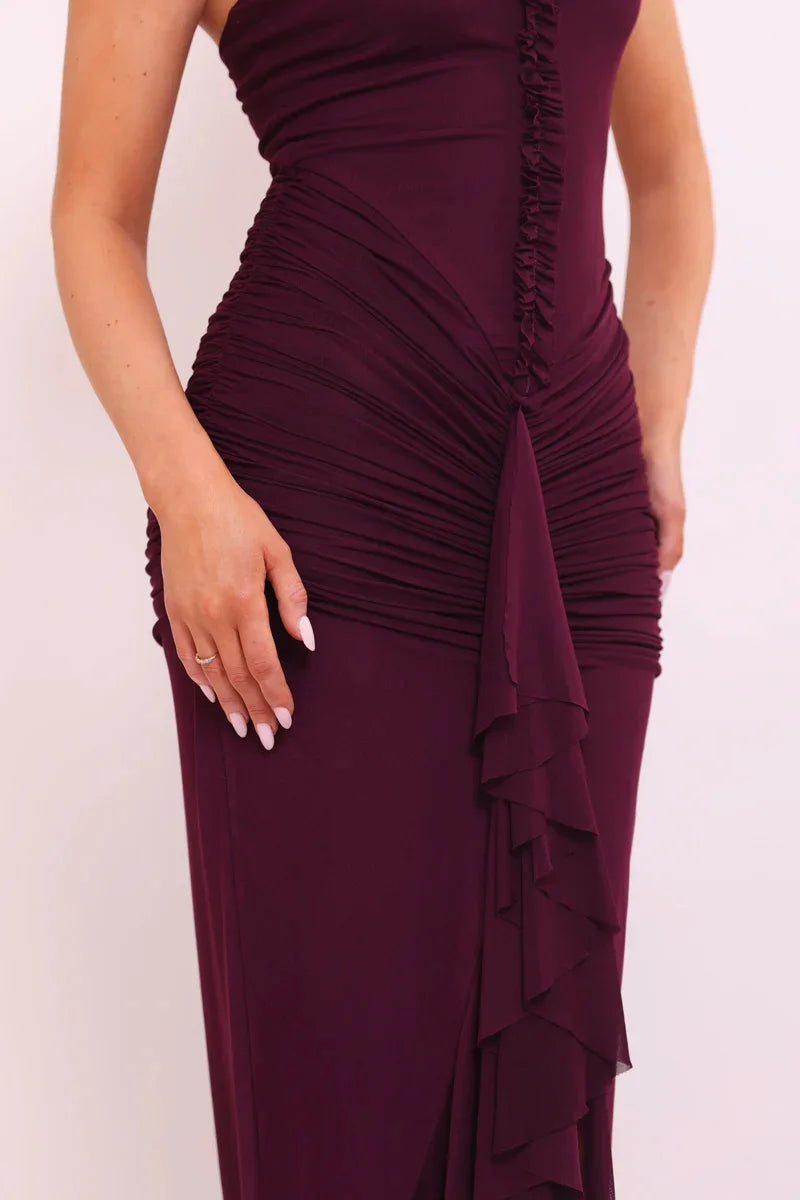 Halter V Neck Backless Sexy Maxi Dress Women Evening Gown Ruffle Dress