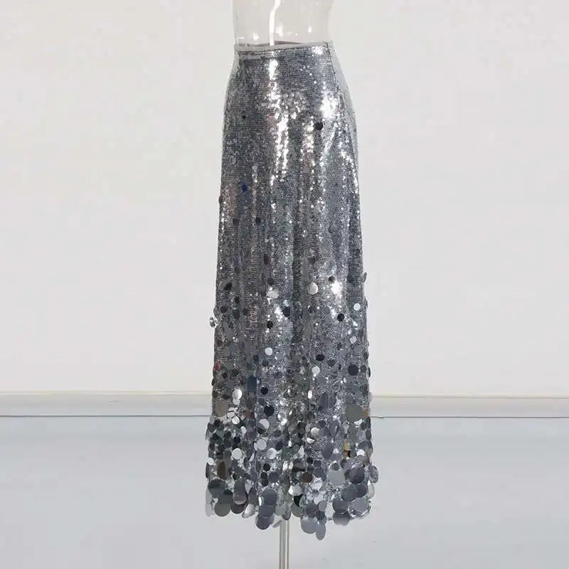 Solid Patchwork Sequins Chic Skirts For Women High Waist Zipper A Line Skirts