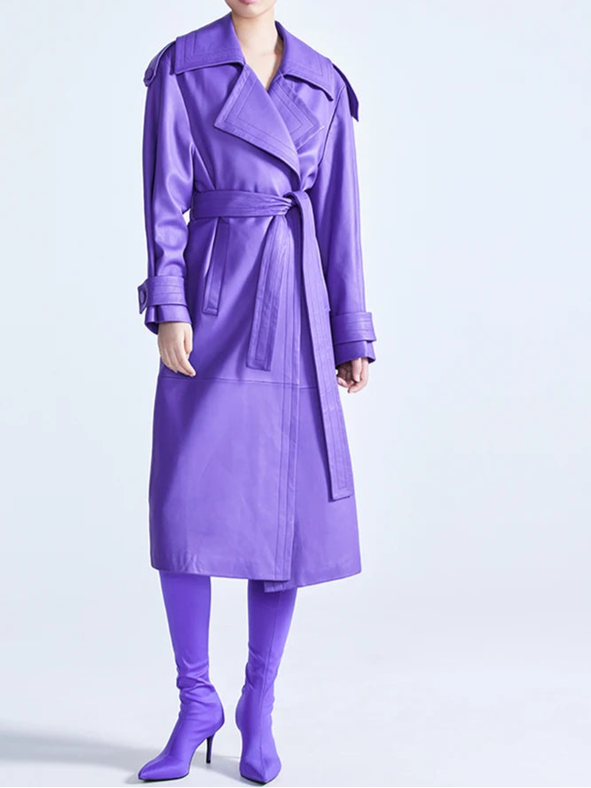 Elegant Purple Colored Faux Leather Trench Coat for Women Sashes Runway Coat