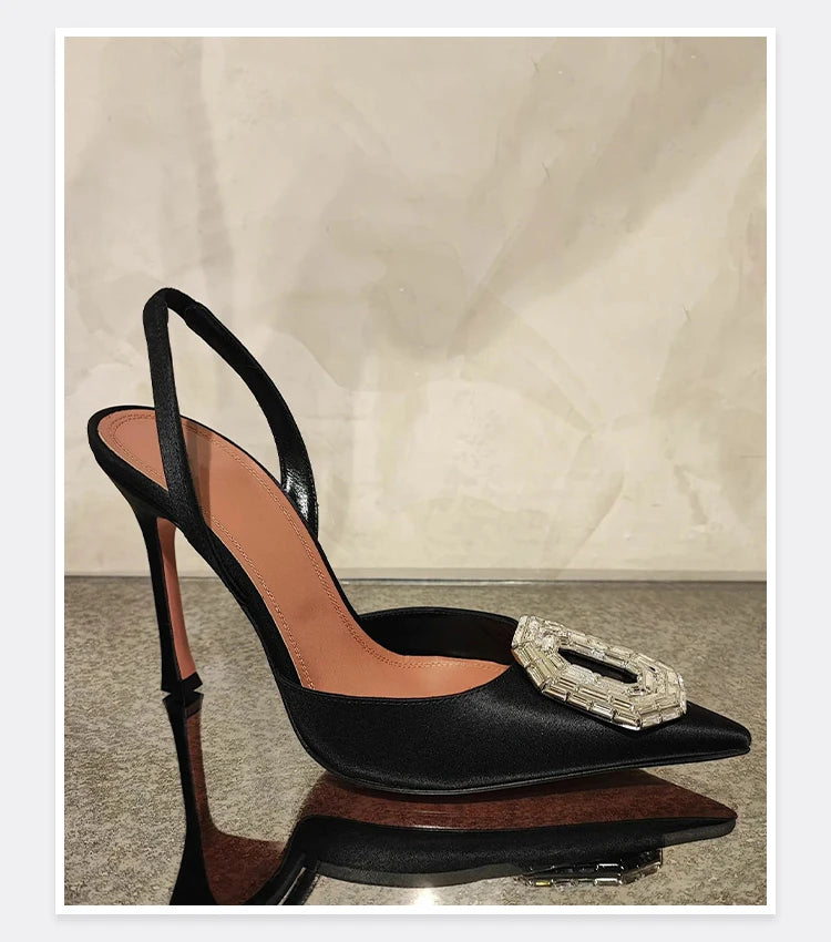 Oval Rhinestone Buckle Toe Sandals Pointed Thin Heel Hollow Banquet High Heels