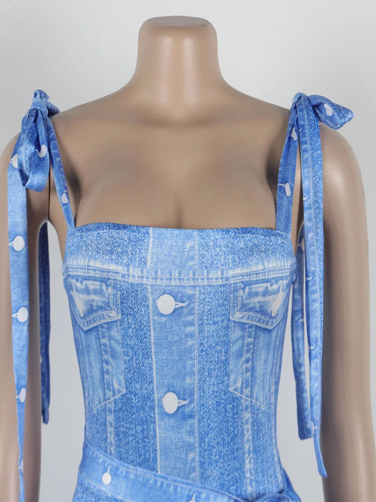 Beautiful Blue Denim Print Monokini Skirt Set Two-Piece Set New Chic High Slit Bandage Matching Set Vacation Outfits