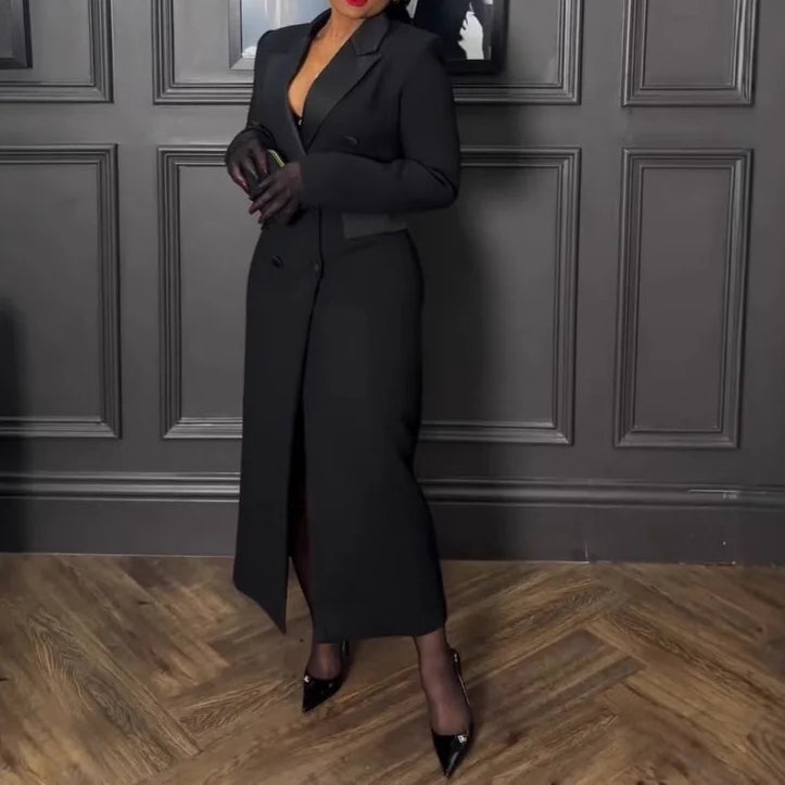 Women Blazer Dress Double Breasted Notched Long Sleeve Maxi Blazer Dress