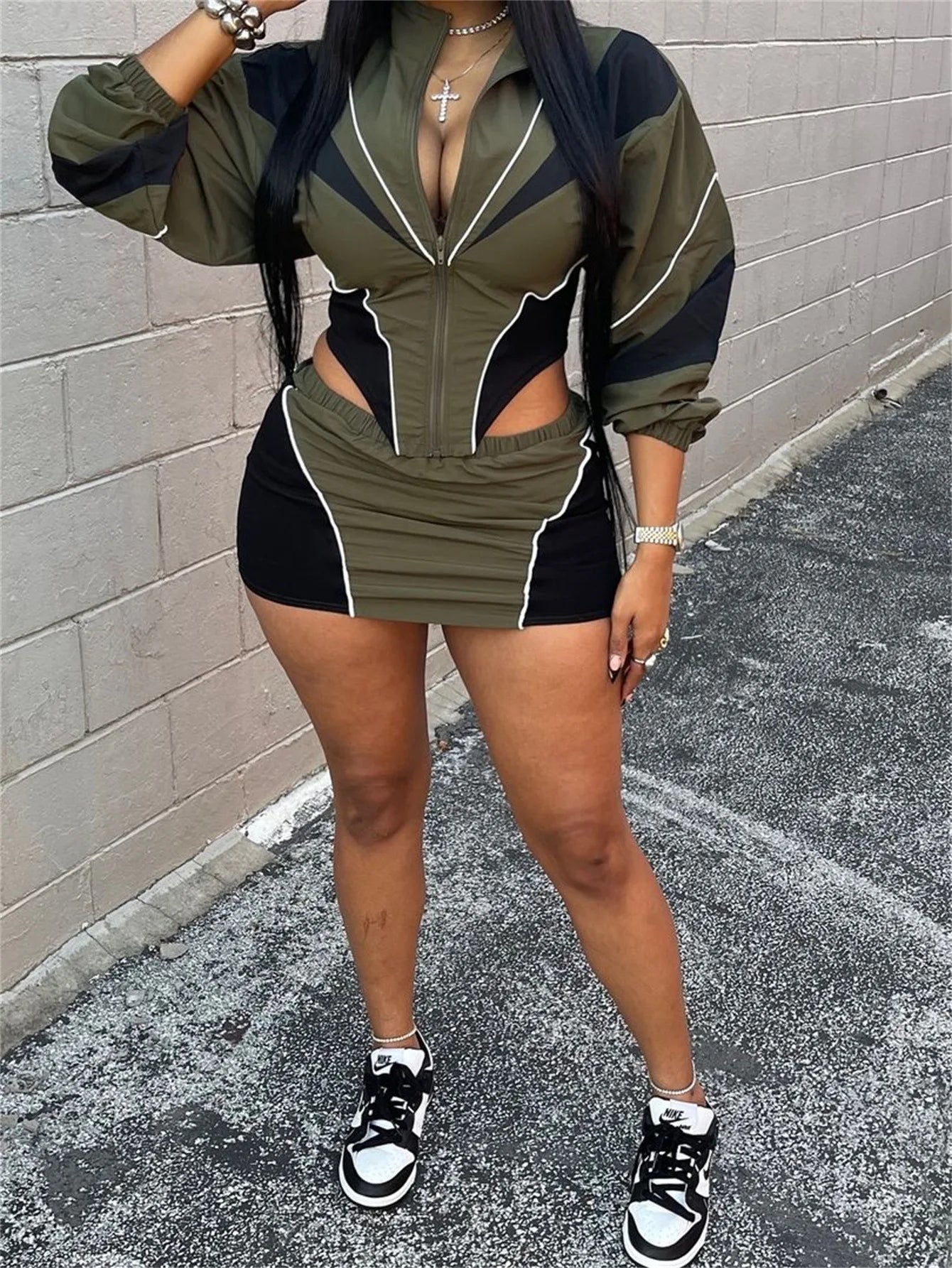 Color Block Two Piece Set For Women Casual Zip Lantern Sleeve Irregular Crop Jacket + High Waist Skirts Suit