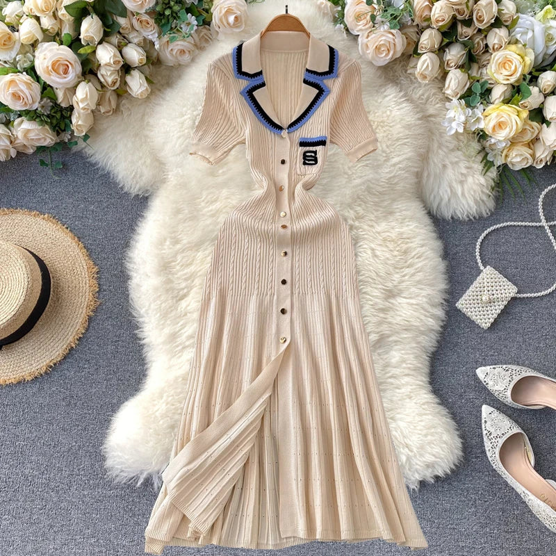 Women Contrast Color Midi Dress Elegant Pockets Short Sleeves Button Down Dress