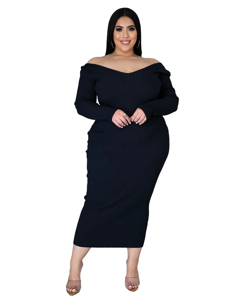Ladies Knitted Sweater Dress Midi Dress Long Sleeves Chic and Elegant Plus Size Dresses