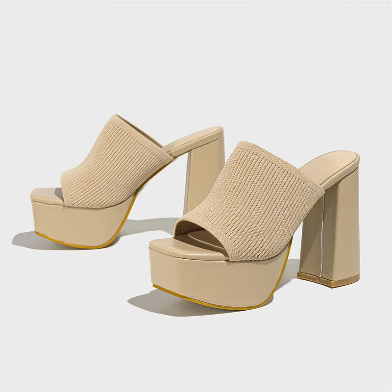 Knitted Platform Slippers Chunky High Heels Women Peep Toe High Heel Slippers