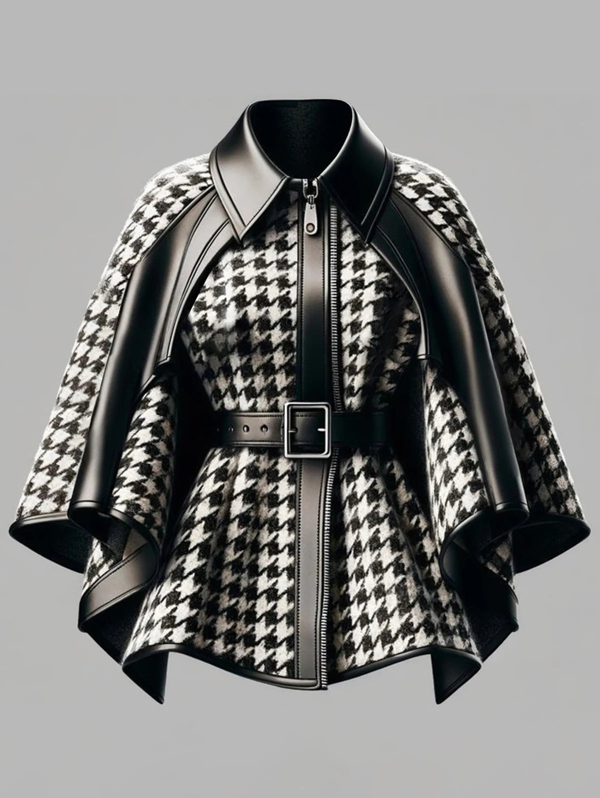 Houndstooth Pattern Women's Jacket Asymmetrical Cape Sleeves Jacket
