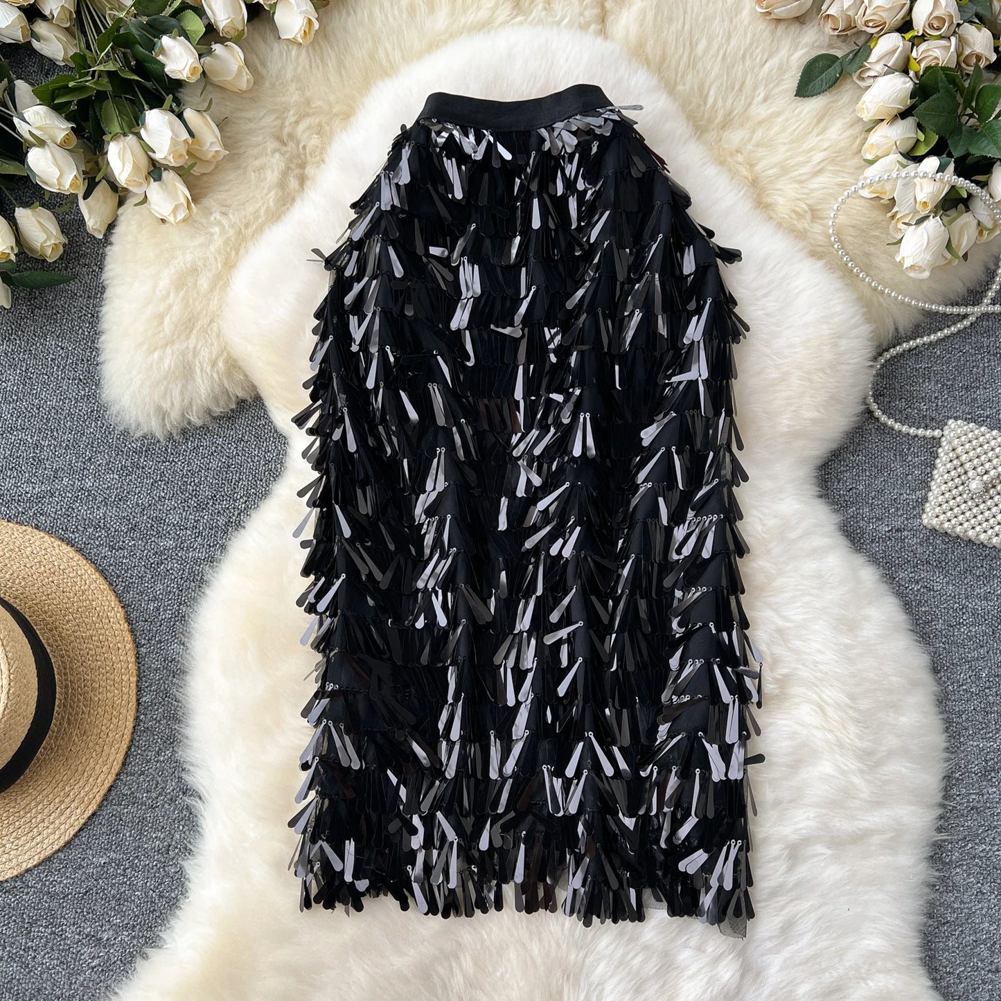 Women Chic sequin Skirt High Waist Elegant Korean Fashion vintage Hip Skirt