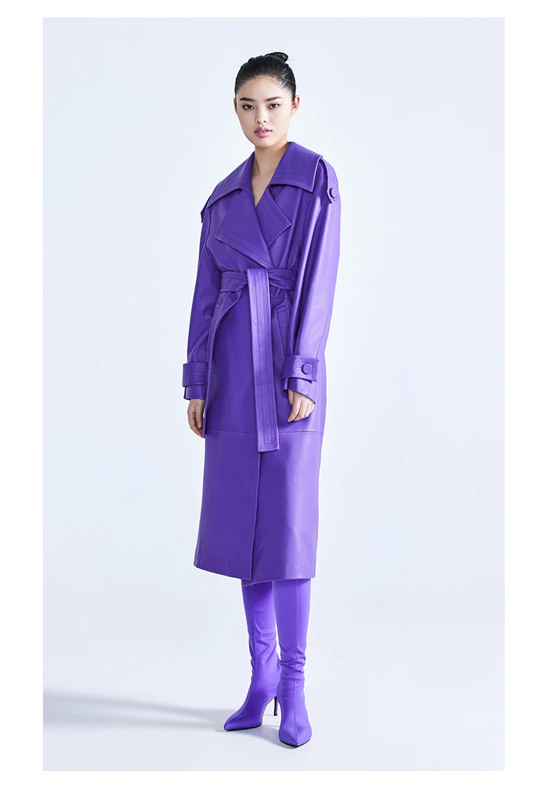 Elegant Purple Colored Faux Leather Trench Coat for Women Sashes Runway Coat