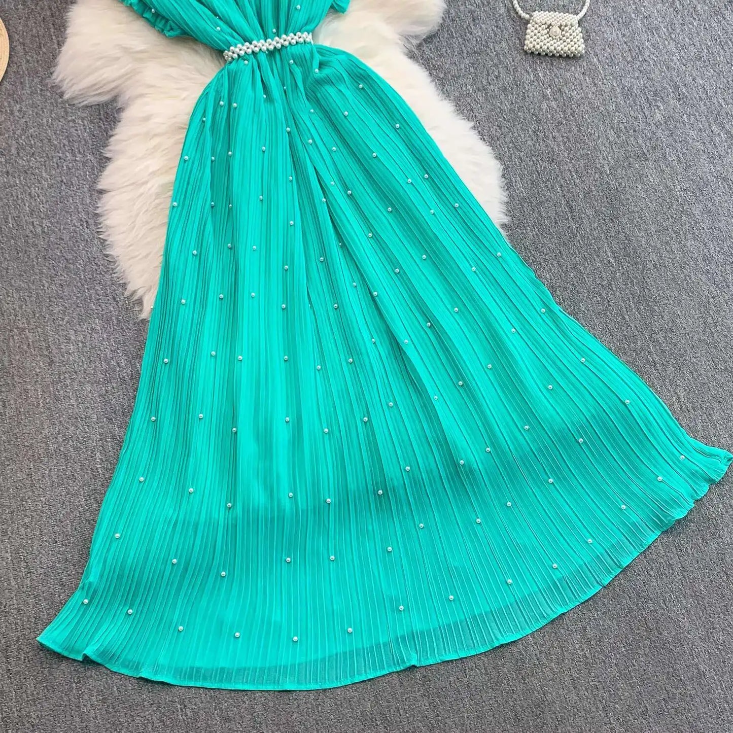 Summer Luxury Pearls Long Chiffon Dress For Women Loose Big Size Short Sleeve Crystal Birthday Evening Midi Pleated Dresses
