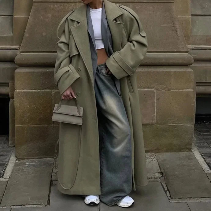 Urban Solid Double Breasted Long Women Coat Loose Full Sleeve Belt Double Breasted Jacket