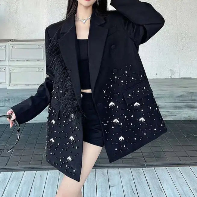 Stamping Nail Beads Blazer for Women's Notched Collar Double Breasted Loose Feather Patchwork Suit Jacket