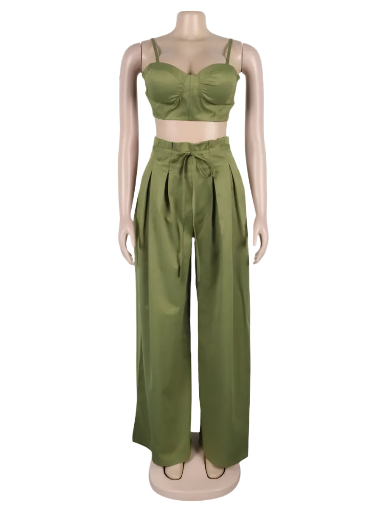 Sexy Zip Crop Camisole and High Waisted Drawstring Wide Leg Trousers 2 Piece Women Pants Suit Streetwear