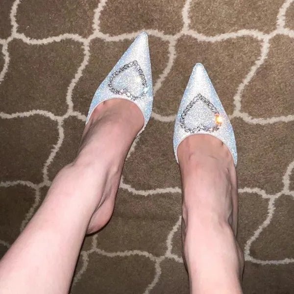 Shallow Mouth High-heeled Women's Shoes Love Rhinestone Shining Thin Heel Pump Slippers