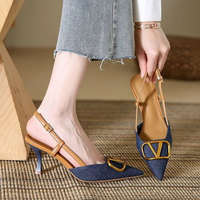 Thin Heels Women's Denim High Heels French Pointed Denim Heel Sandals