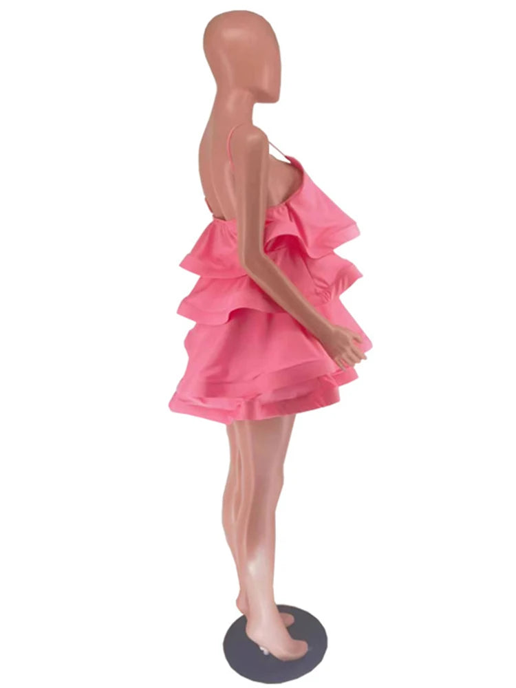 Sexy Short Daring Dresses Summer Spaghetti Strap Mini Dress with Cascade Ruffles