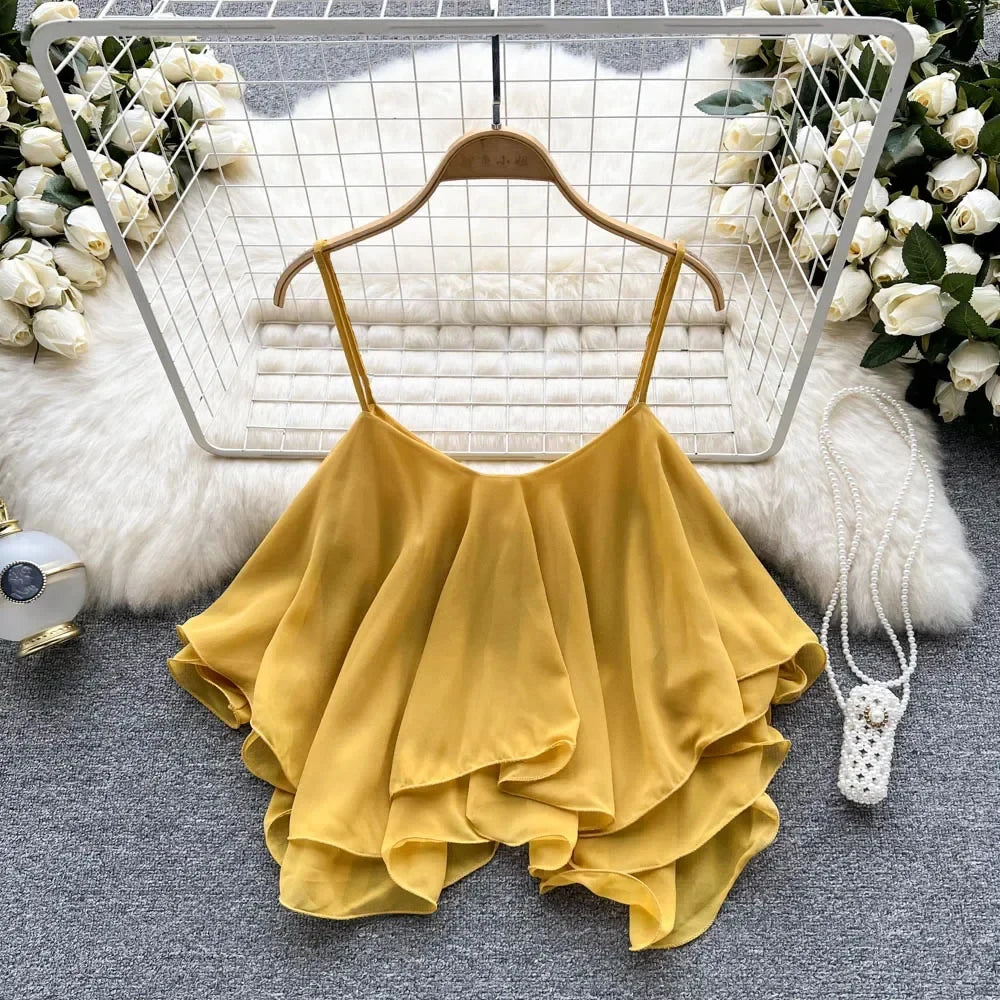 Summer Tops Spaghetti Straps Ruffle Sleeveless Tanks and Crop Tops Solid Tank Camisoles Women Y2k