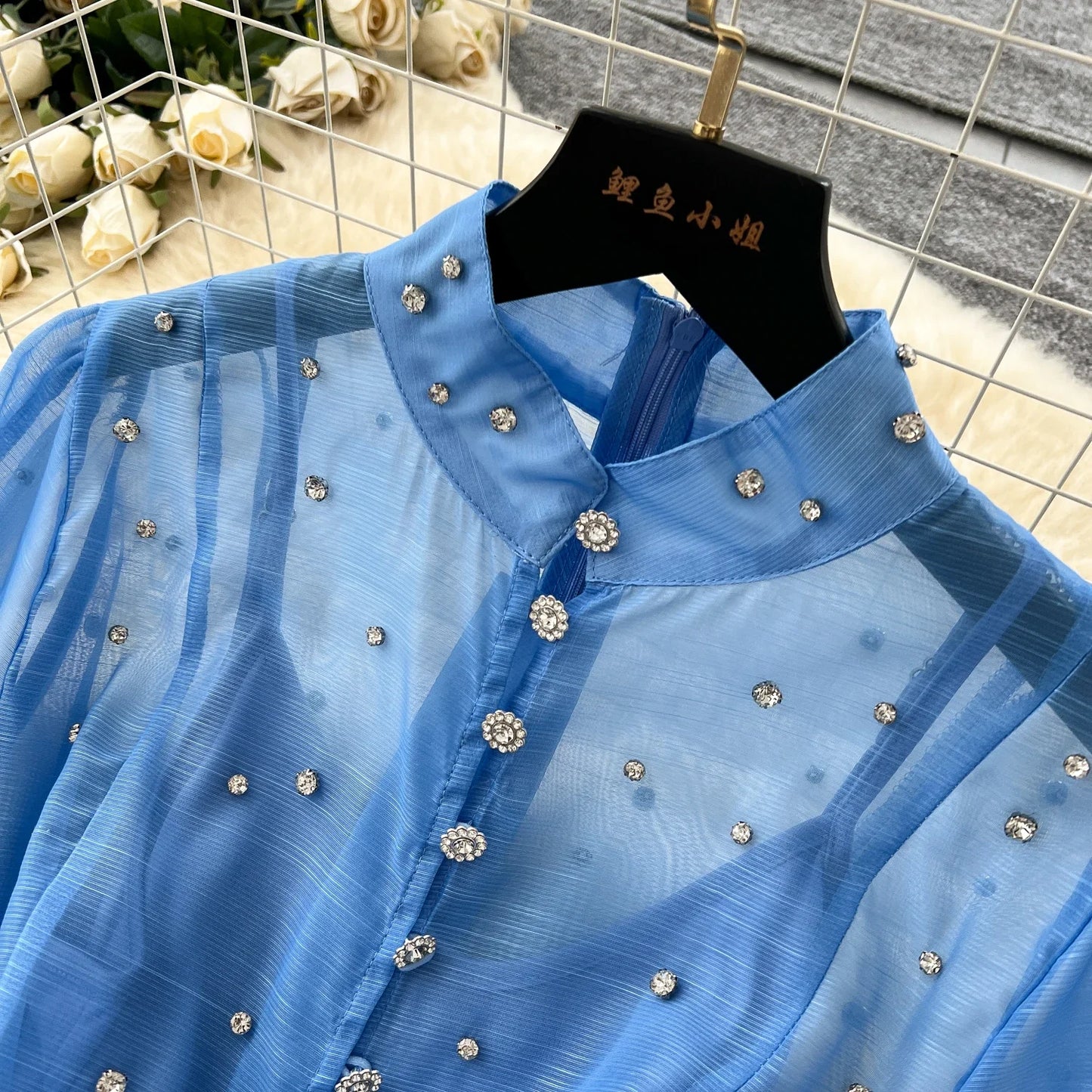 Elegant Lantern Sleeves Vintage Stand Collar Chic Single Breasted Rhinestone Bandage Slim High Street Long Dresses