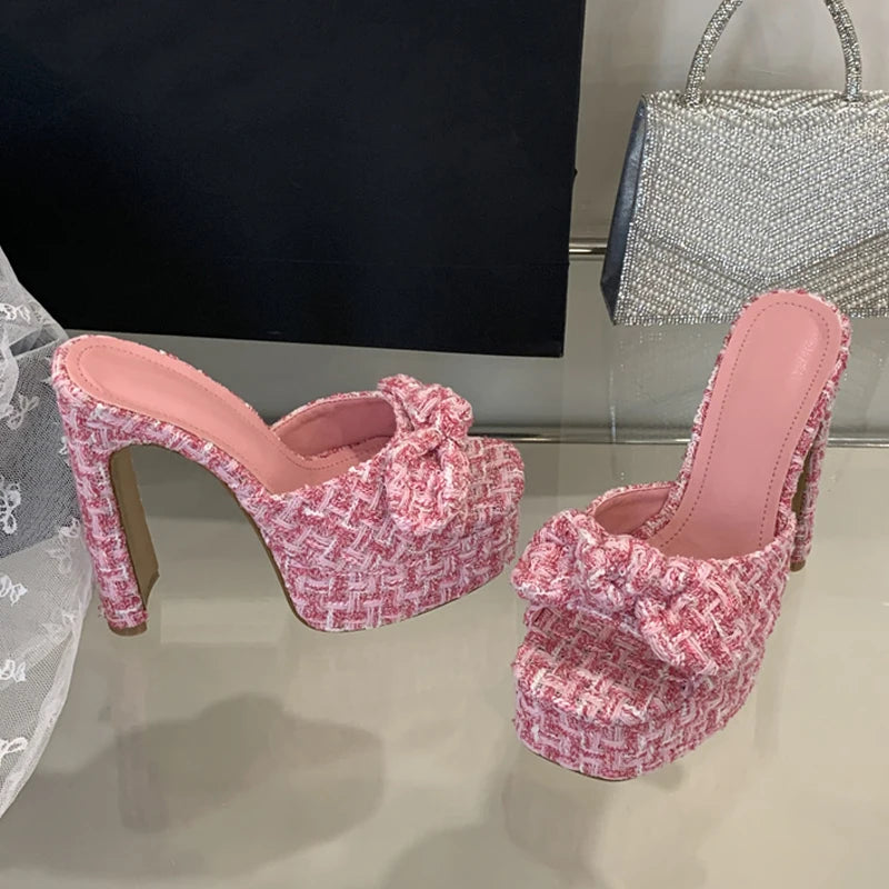 Pink Cloth Bowknot Designer Sandal Square Toe Super High Heels Platform Slippers for Women