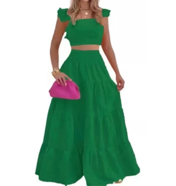 Y2k Two Piece Set Elegant Sexy Collage Sleeveless Top and Maxi Skirt Set