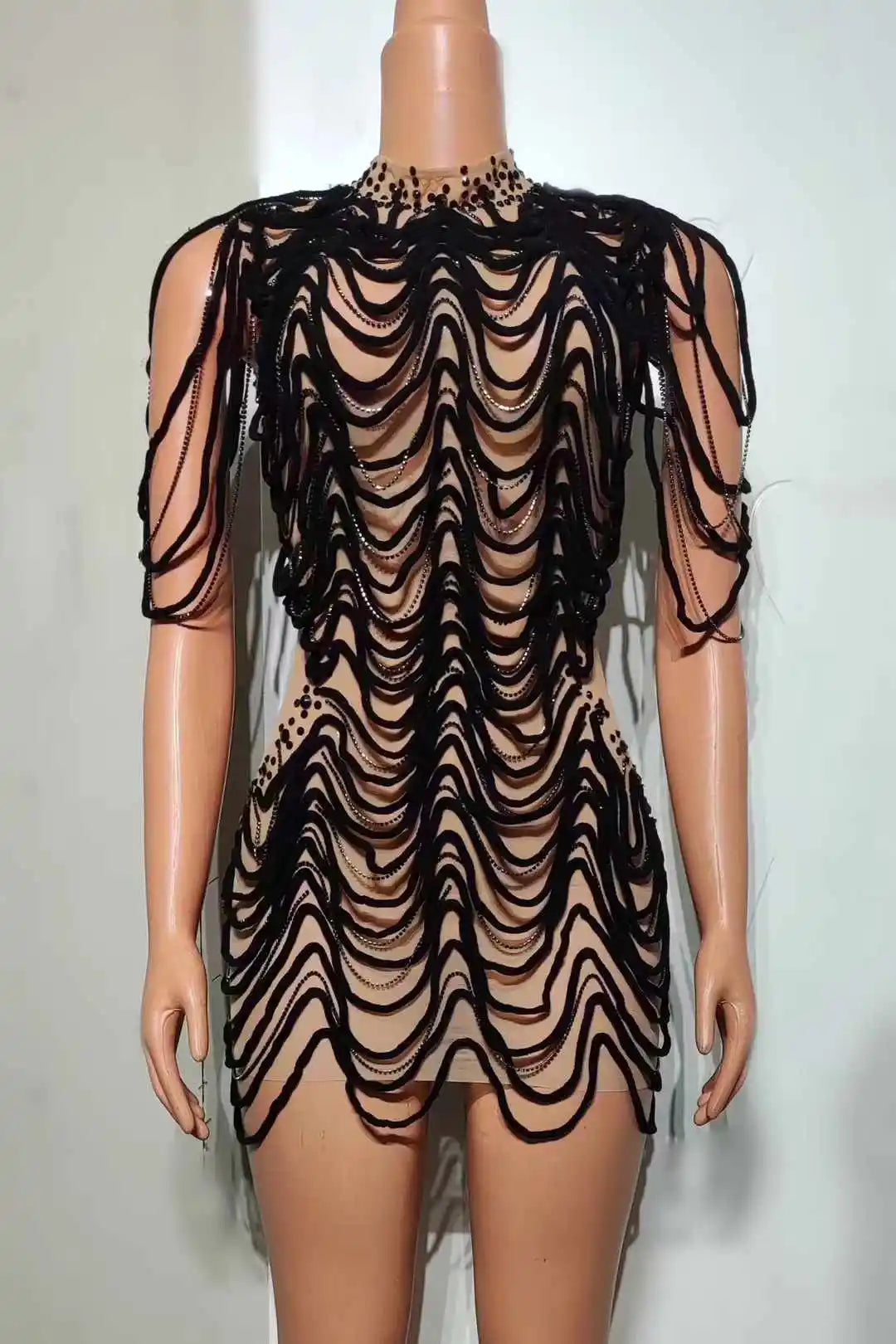Mesh Rhinestones Chain Mini Dress Nightclub Party Performance Outfit