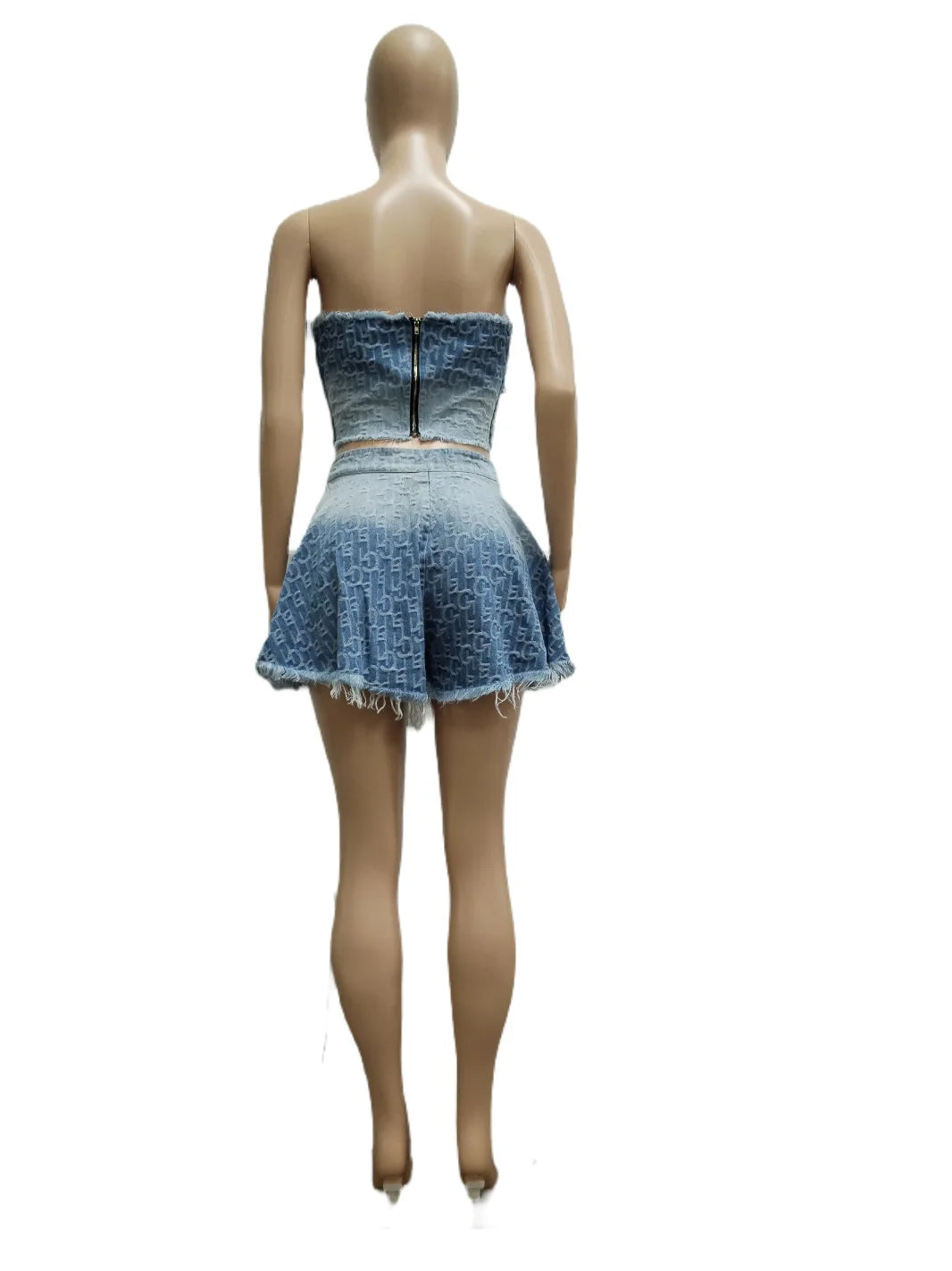 Denim Women Skirts Two Piece Sexy Strapless Short Tops Print Ensemble Backless Pockets Hem Skirt Female Streetwear 2 Piece Sets