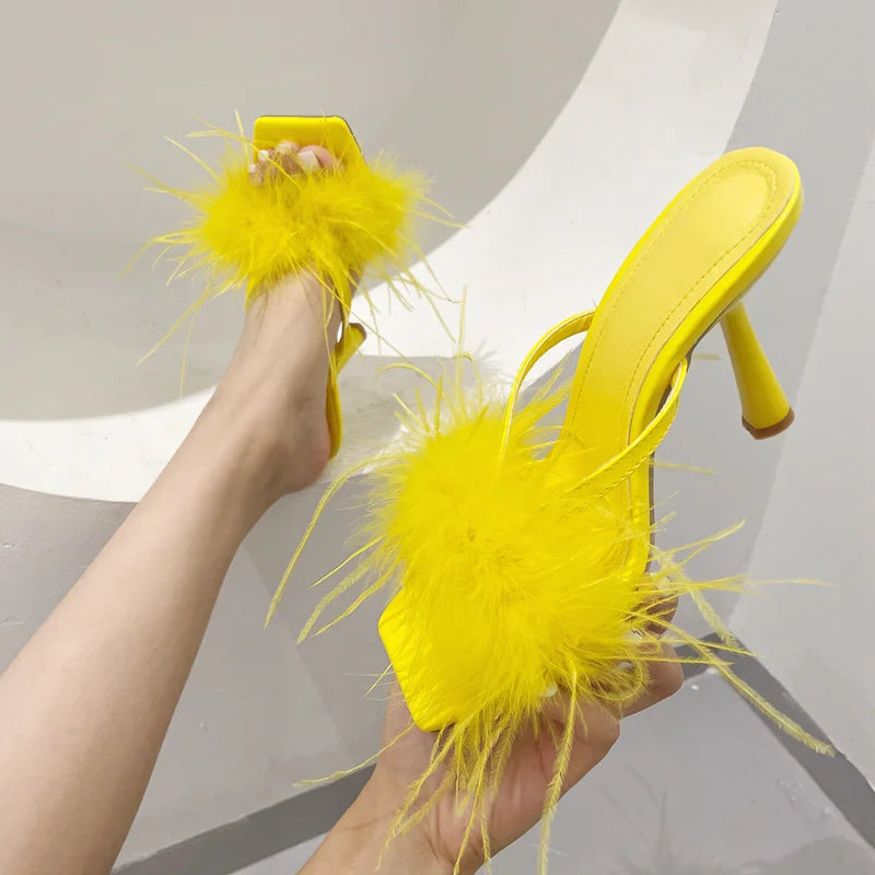 Fur Feather High Heels Slippers Sandals Women Summer Mules Ladies Shoes