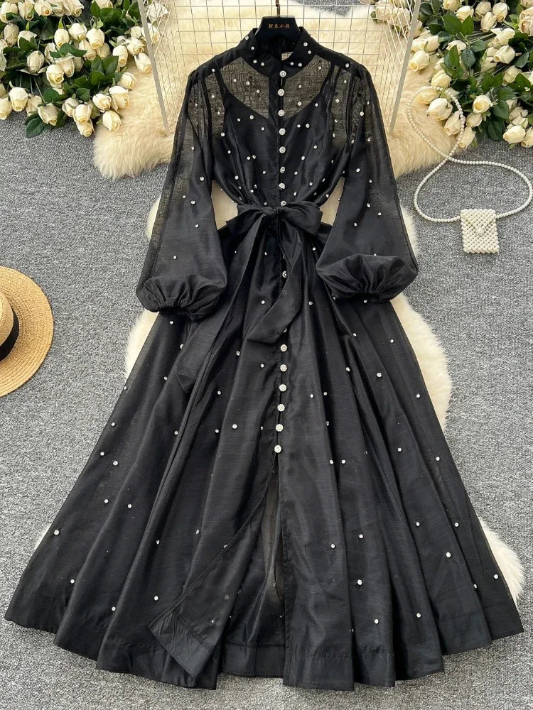 Elegant Lantern Sleeves Vintage Stand Collar Chic Single Breasted Rhinestone Bandage Slim High Street Long Dresses