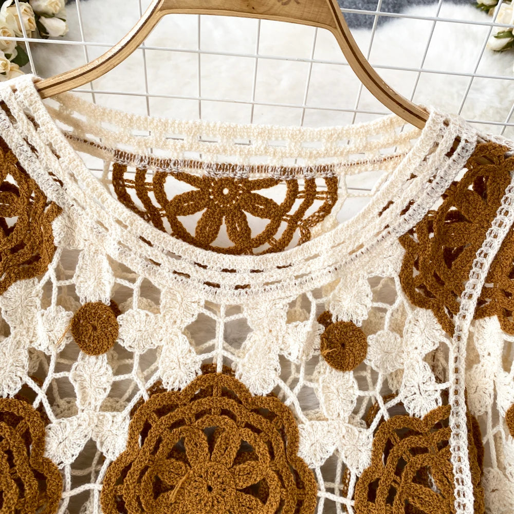 Sunscreen Hook Summer Knit Top Women Elegant O Neck Hollow Out Lantern Sleeve Ladies Vacation Tassel Beach Blouse