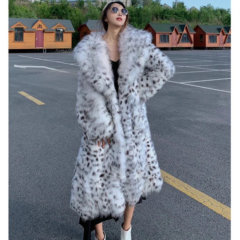 faux fur young leopard-print fur coat long knee-length mink coat